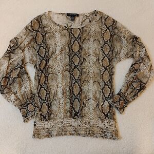 Sheer Long Sleeve Smocked Snakeskin Print Blouse Animal Print Sleek Feminine S